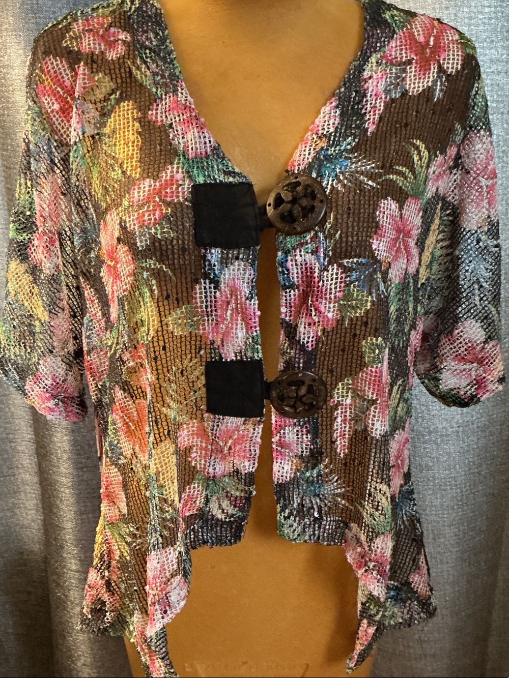 Coral Bay Brown Floral Open-Weave Short Sleeve Cardigan with Pink Flowers